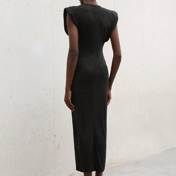 Black Elegant Women's Bodycon Long Dress Puff Sleeves Crew Neck - Picture 2 of 7